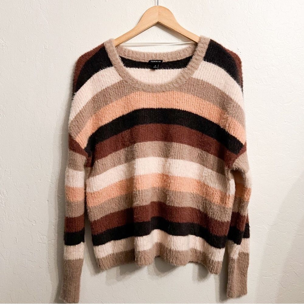 TORRID Striped Fuzzy Sweater‎ Crewneck Womens 0 L Pink Tan Ivory Black